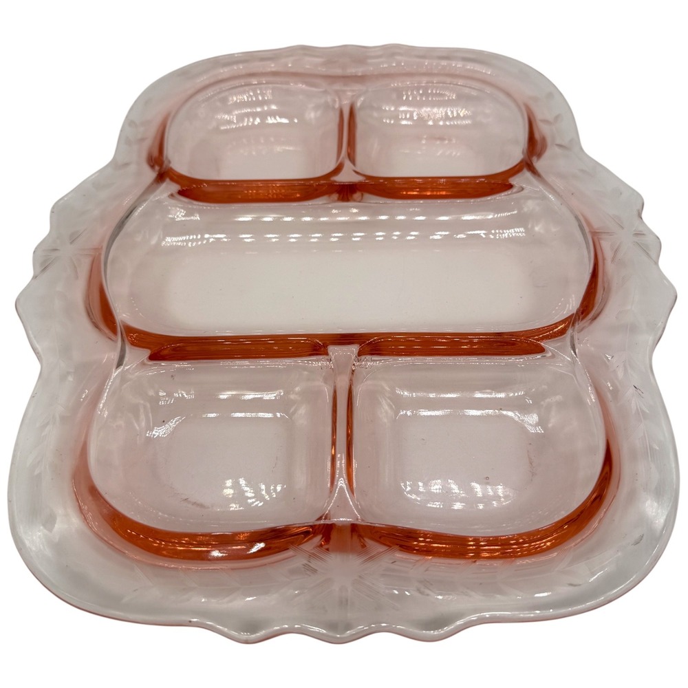 Cambridge Pink Glass 5 Part Divided Relish Tray Etched Floral Vintage Patented